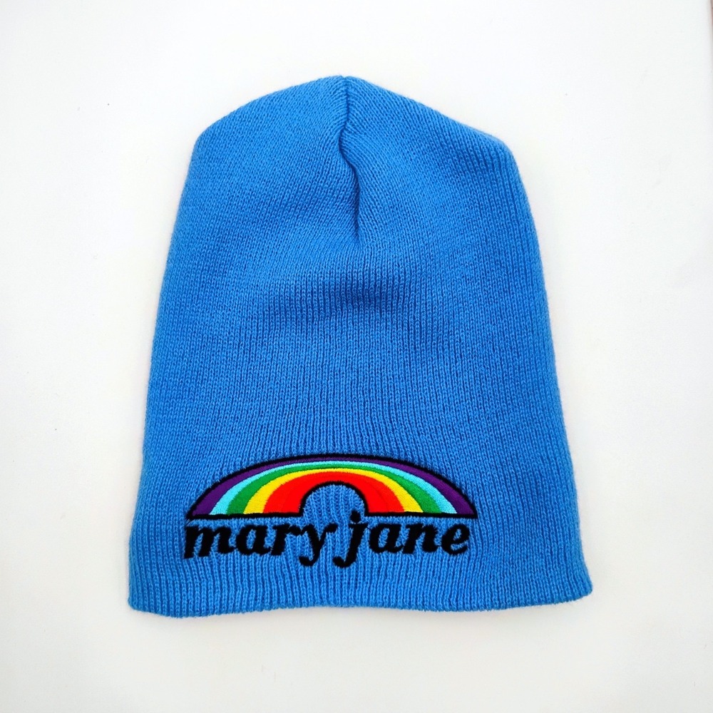 THC Clothing Mary Jane Rainbow Embroidered Blue Knit Beanie Cap Hat VTG 90s Y2k